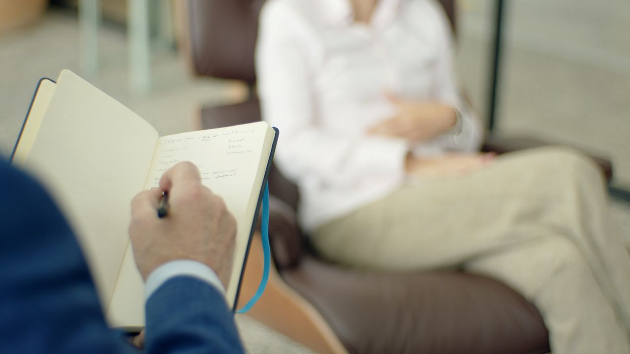 services-01 Therapist writing notes during a counseling session with a client.